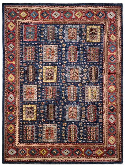 Exclusive Lahore Pak Chobi Blue Red  Transitional Hand Knotted Rug