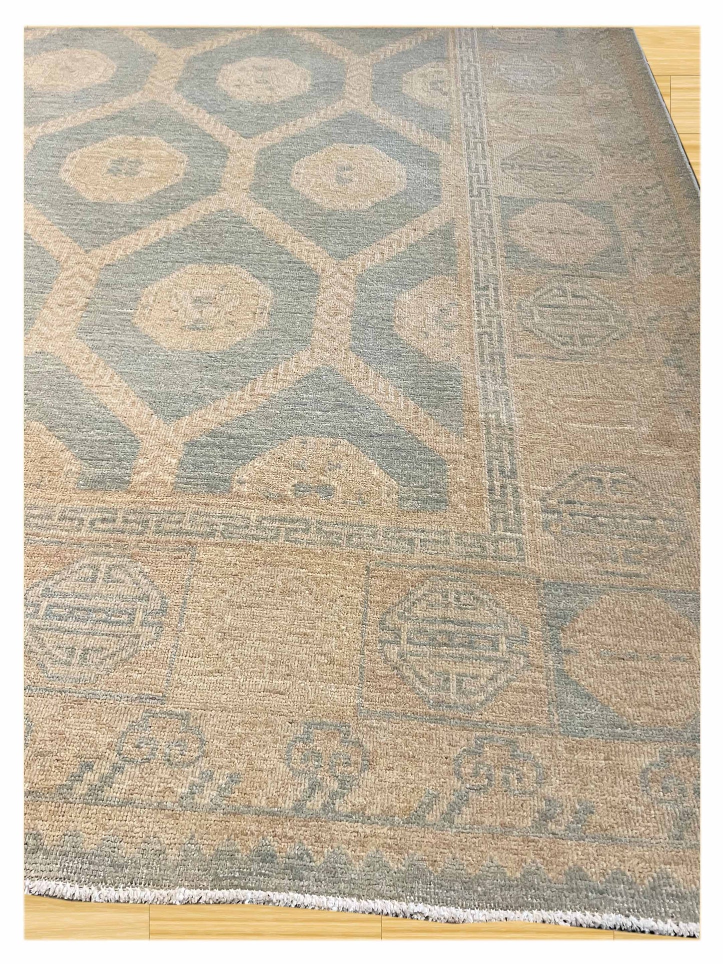 Exclusive Stonewash Khotan Diamond Ivory Blue  Transitional Hand Knotted Rug