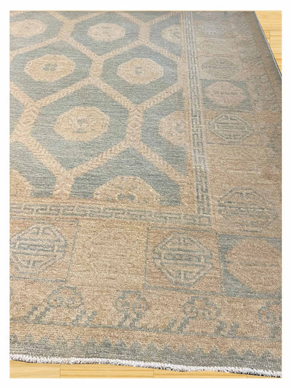 Exclusive Stonewash Khotan Diamond Ivory Blue  Transitional Hand Knotted Rug