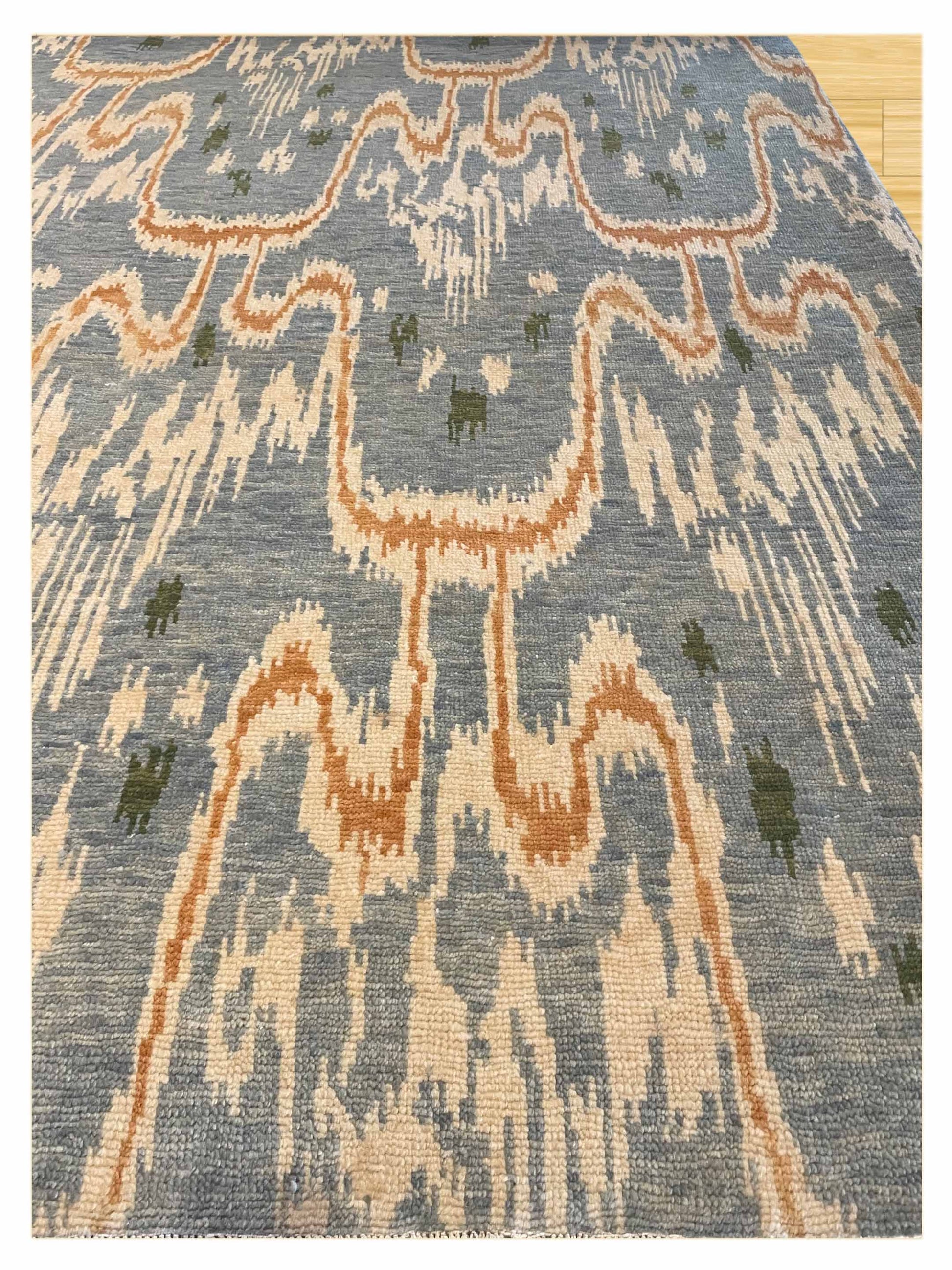 Exclusive Lower Ikat IK-836 Blue Ivory  Traditional Hand Knotted Rug