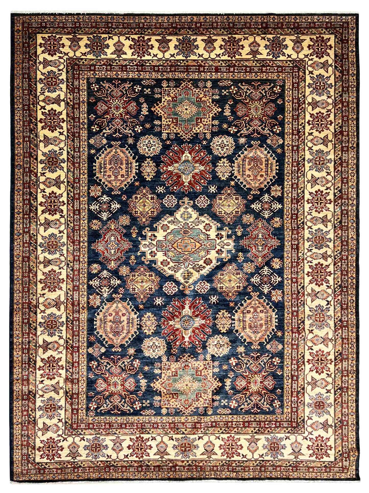 Exclusive Super Kazak 316768 Navy Beige  Traditional Hand Knotted Rug